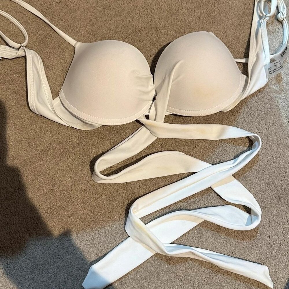 White push up bikini top and black bikini bottom